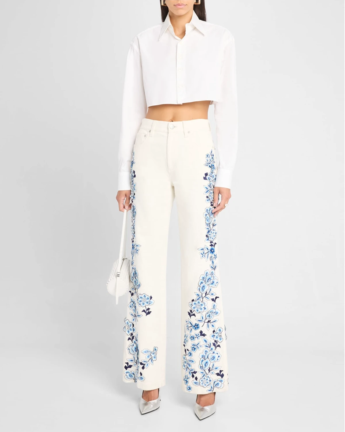 OEM High End Women's Cotton White Embroidered Flared Denim Pants Custom Fashion Mid Rise Straight Leg Jeans for Women Ladies
