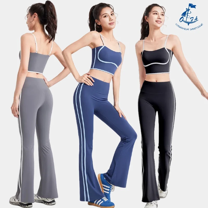 2025 New Striped Fashion Yoga Set Women Gym Clothes Sexy Sports Bra High Waist Yoga Flared Pants Running Hip Lift Fitness Pants