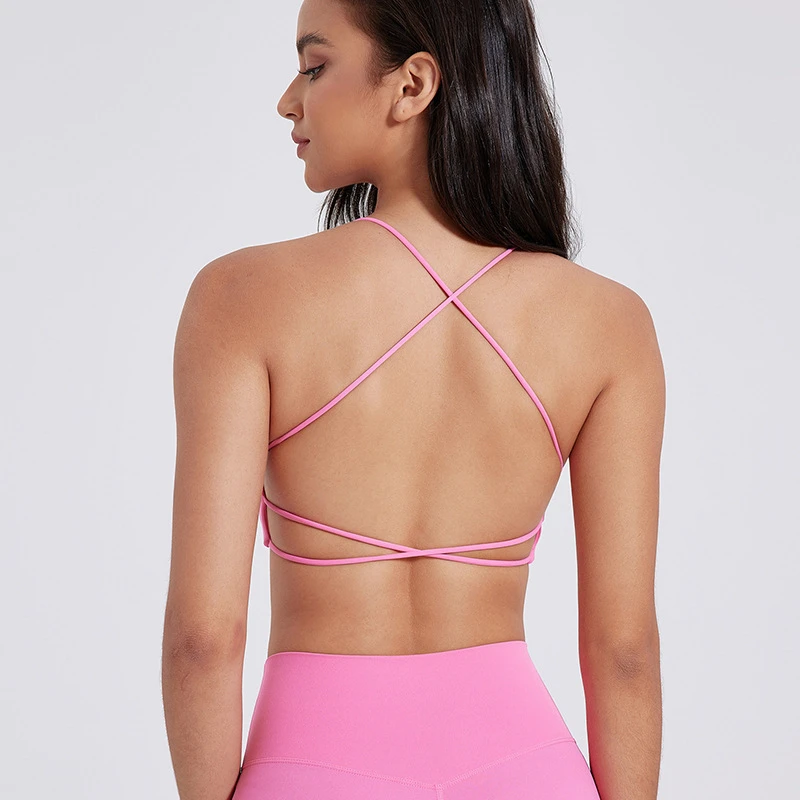 Sexy Women's Sports Bra Strappy Criss-Cross Back Bra Backless Removable Padded Yoga Crop Top Light Support Bra