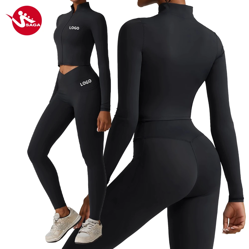 Premium Custom Logo High Waist Solid Spandex Athletic Breathable Yoga Set With Jacket For Women Fitness