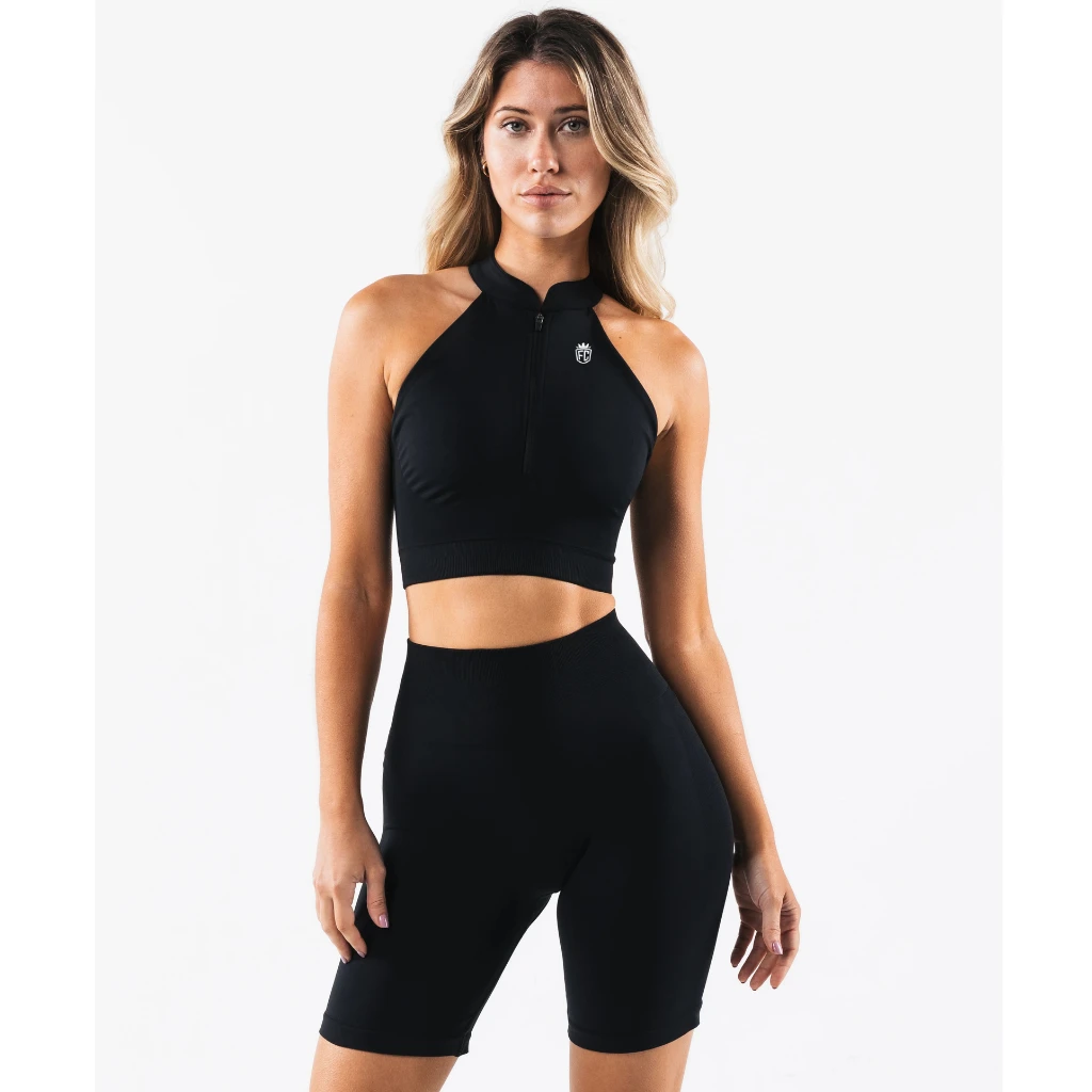 Women Seamless Zip Front Halter Sports Bra High Neck Yoga Gym Workout Stretch Support Sculpting Fitness Activewear Top