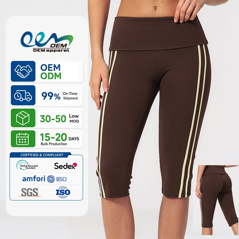 OEM Manufacturer Custom Private Label Women Foldover Waist Contrast Side Stripe Tummy Control Cropped Workout Capri Yoga Pants