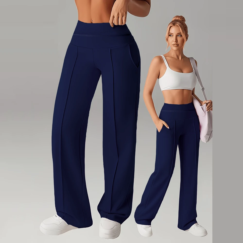Best-selling Women's High Elastic Solid Straight-Leg Full-Length Yoga Pants High Waist Pockets Spandex/Polyester Four-Way