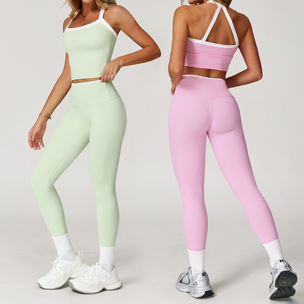 Custom Women's 2 Piece Yoga Set Contrast Trim Spaghetti Strap Crop Top High Waist Butt Lifting Leggings Stretchy Gym Activewear