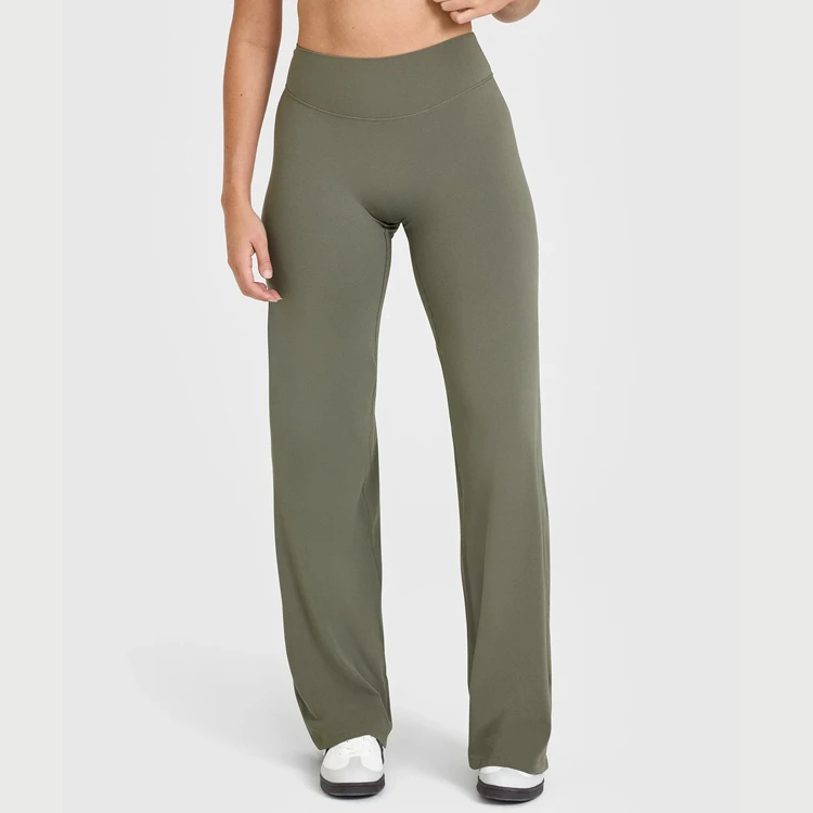 High Waist Solid Color Seamless Full Length Yoga Pants Women Olive Green Stretchy Flared Leggings Soft Spandex/Polyester