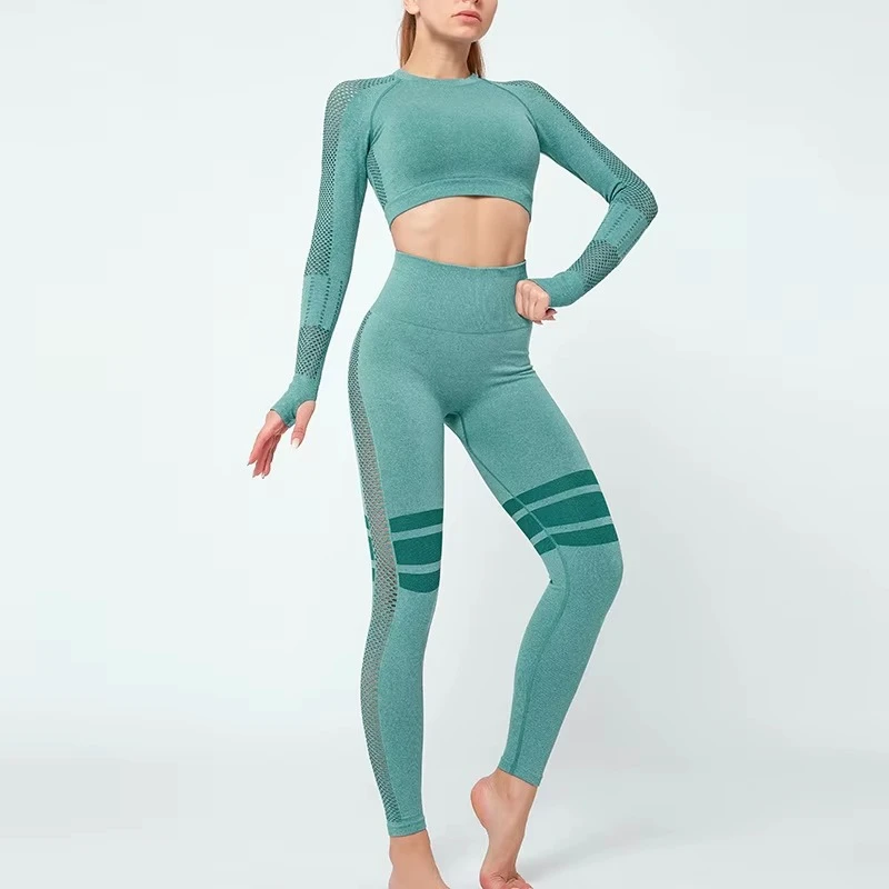 Custom Logo Women's 2-Piece High Waist Fitness Seamed Yoga Wear Print Mesh Long Sleeve Crop Pants Leggings Quick Dry Breathable