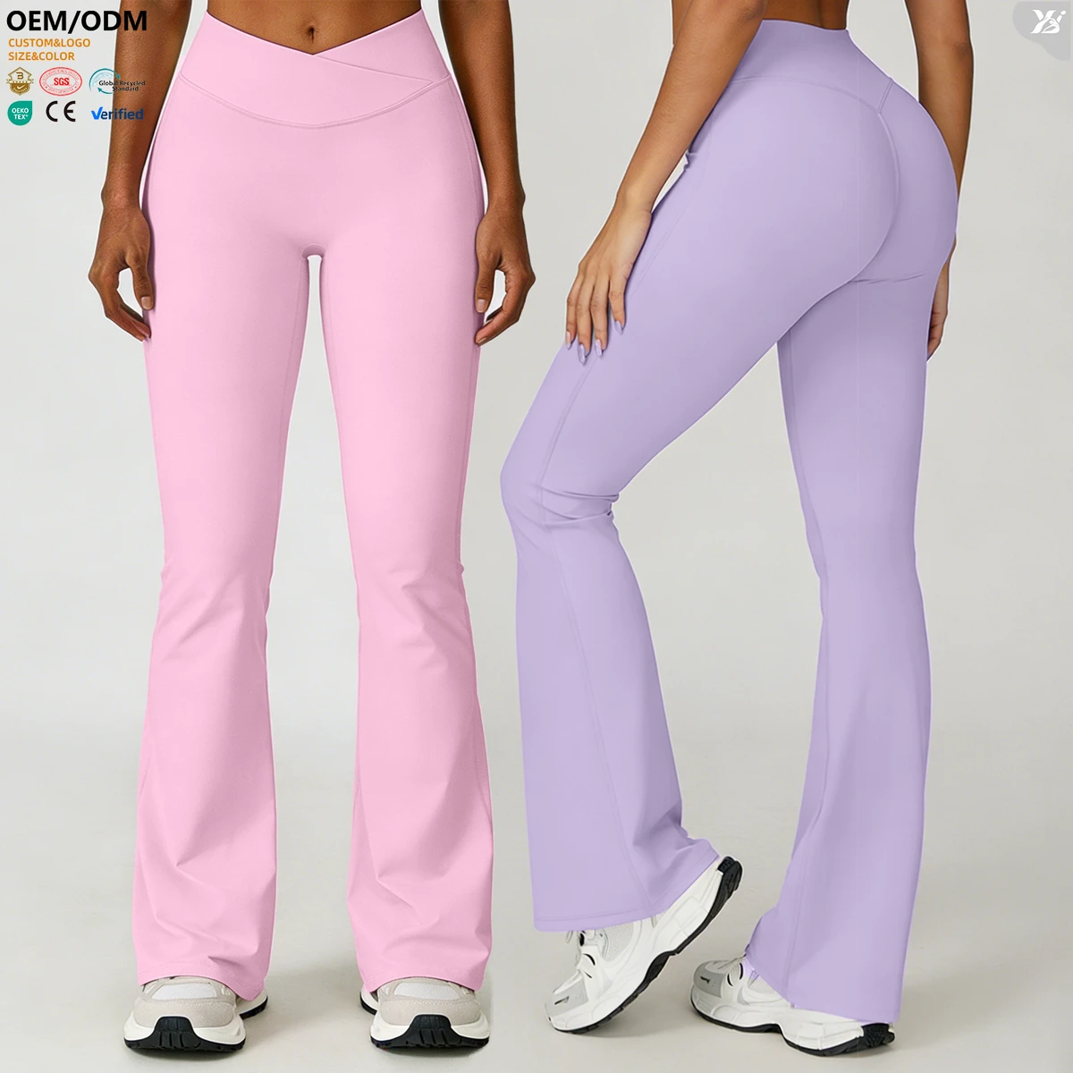 ACK8002-2 Women High V Waist Flare Leggings Cross Tummy Control Bootcut Yoga Pants Breathable Quick Dry for Fitness Running