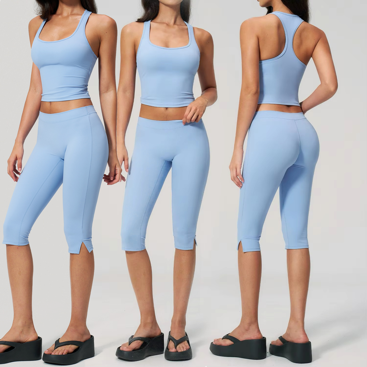 Women's Solid High Elastic Quick-drying Yoga Suit 2-Piece Set for Fitness Sports Casual Wear 2026 Middle Shorts