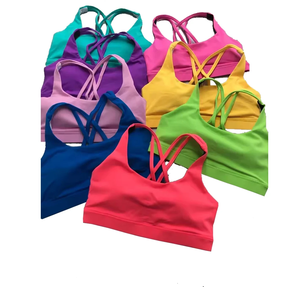 Hot Sale Athletic Cross Strap Built in Pads Training Exercise Women's Yoga Bra Gym Running Stripe Less Sports Bra for Women