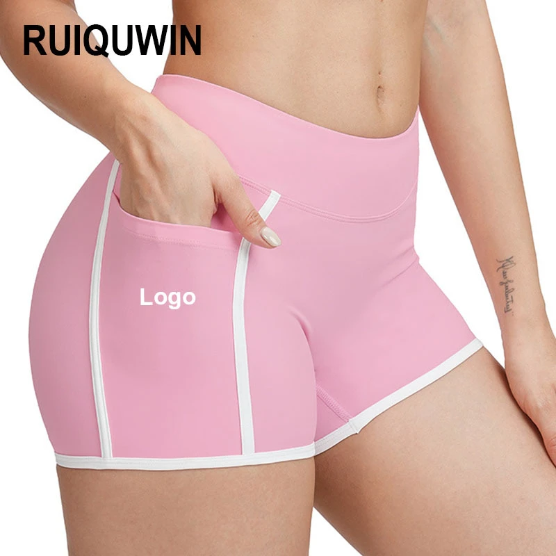 RUIQUWIN批发女式高腰瑜伽短裤快干运动短裤带口袋侧条纹跑步健身短裤