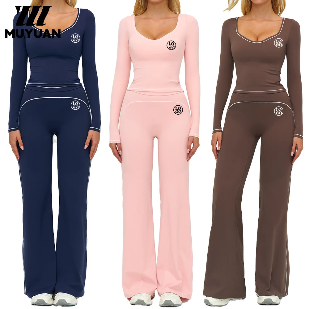High Stretch Soft Solid Brushed Yoga Set Women Slim Fit Long Sleeve Top Wide Leg Pants Activewear Custom Logo Gym Fitness