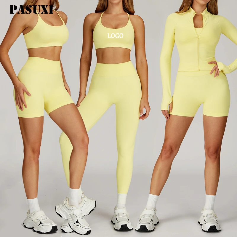 Women's Custom Fitness Wear High Waist Leggings Sports Bra Jacket Set Wholesale Athletic Gym Workout Clothes Solid Yoga Sets