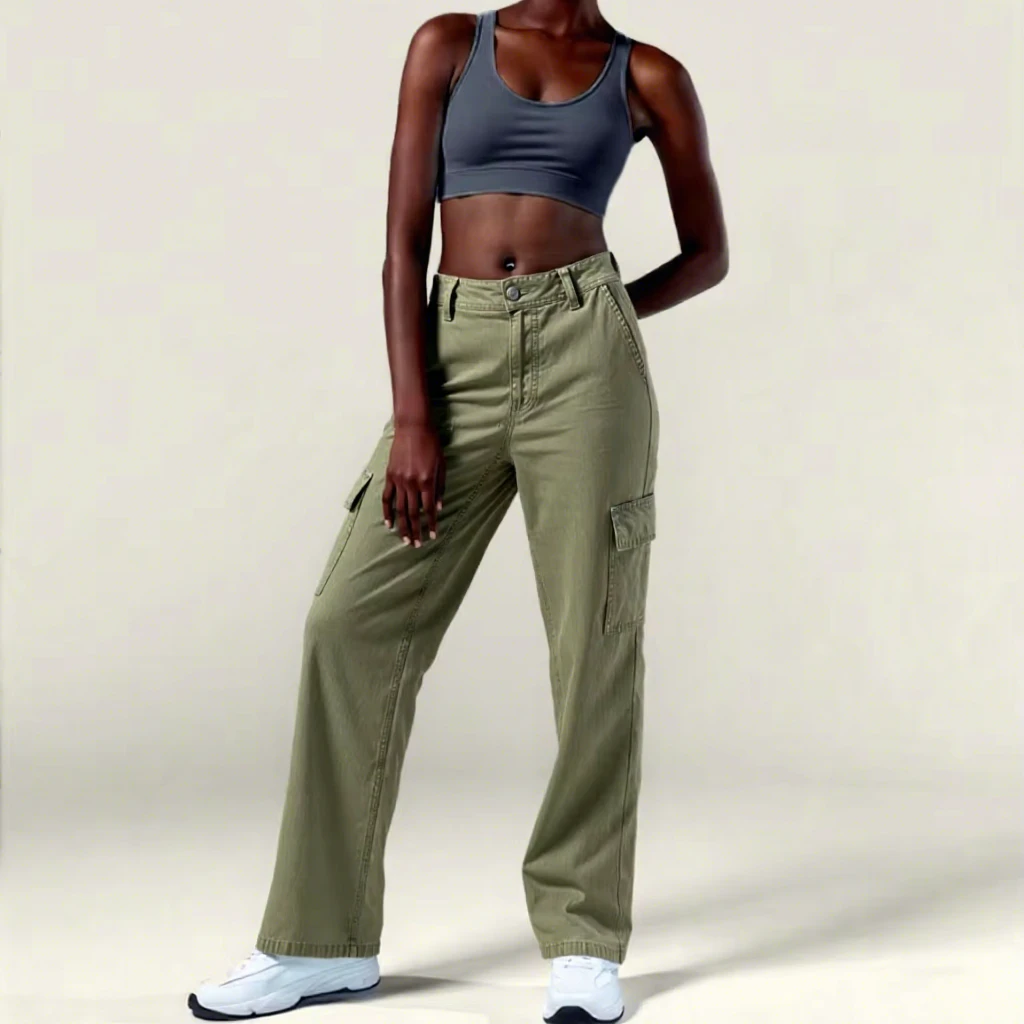 Women's New High-Waisted Breathable Loose Mid Waist Wide-Leg Sports Pants Multi-Pockets Casual Cargo with Flat Front for Spring
