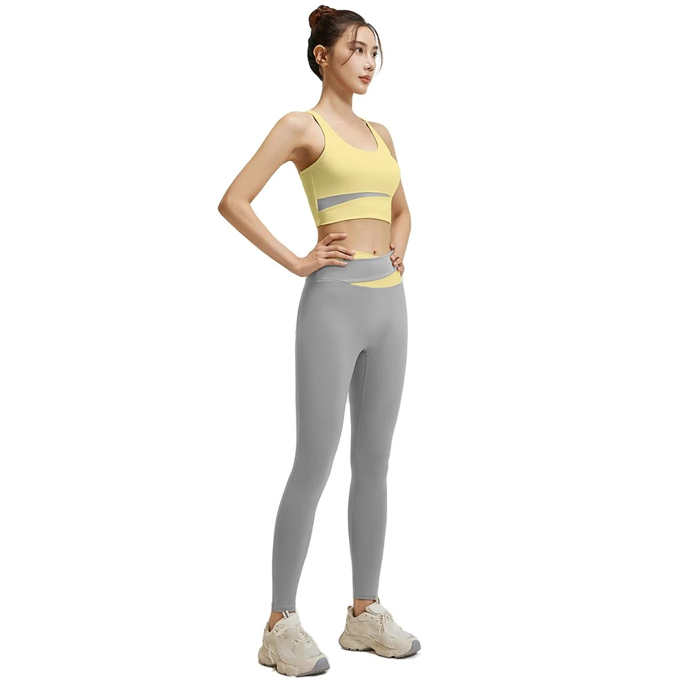 Women 2-Piece Solid Yoga Set Crop Top Elastic Mid Waist Yellow Gray Seamless Breathable Spandex/Polyester High Full-Length