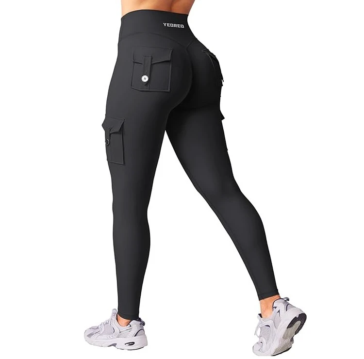 Women Workout Compression Butt Lift Tights Sports High Waist Tummy Control Pants Gym Yoga Leggings With Side and Back Pockets