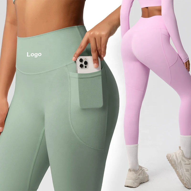 YIYI High Waisted Elastic Leggings with Side Phone Pockets 4-Way Stretch Workout Buttery Soft Gym Running Leggings for Women