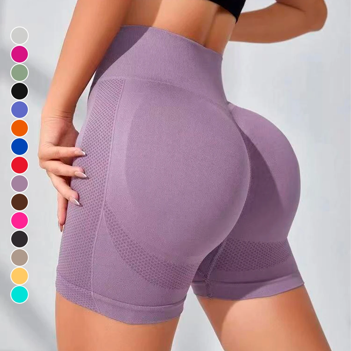 Women's High Waist Quick Drying Yoga Shorts Custom Logo Seamless Solid Color Scrunch Butt Pants With Elastic Waist Closure