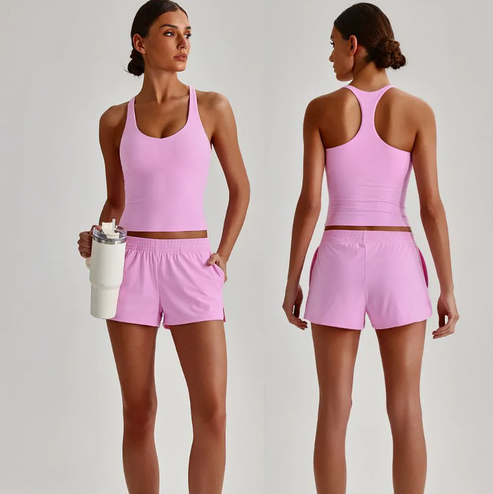 Nude Fitting Racerback Yoga Tank Top Women Quick Dry Soft Stretchy Sports Bra Outerwear Butt Lifting Gym Shorts Two Piece Set