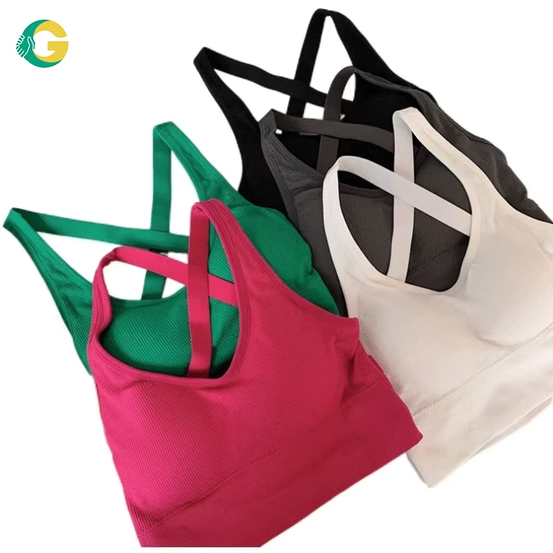 Cross Straps V Neck Backless Sports Bra Women 220g Heavyweight Workout Vest Built in Chest Pads Gym Top Fitness Camisole Running