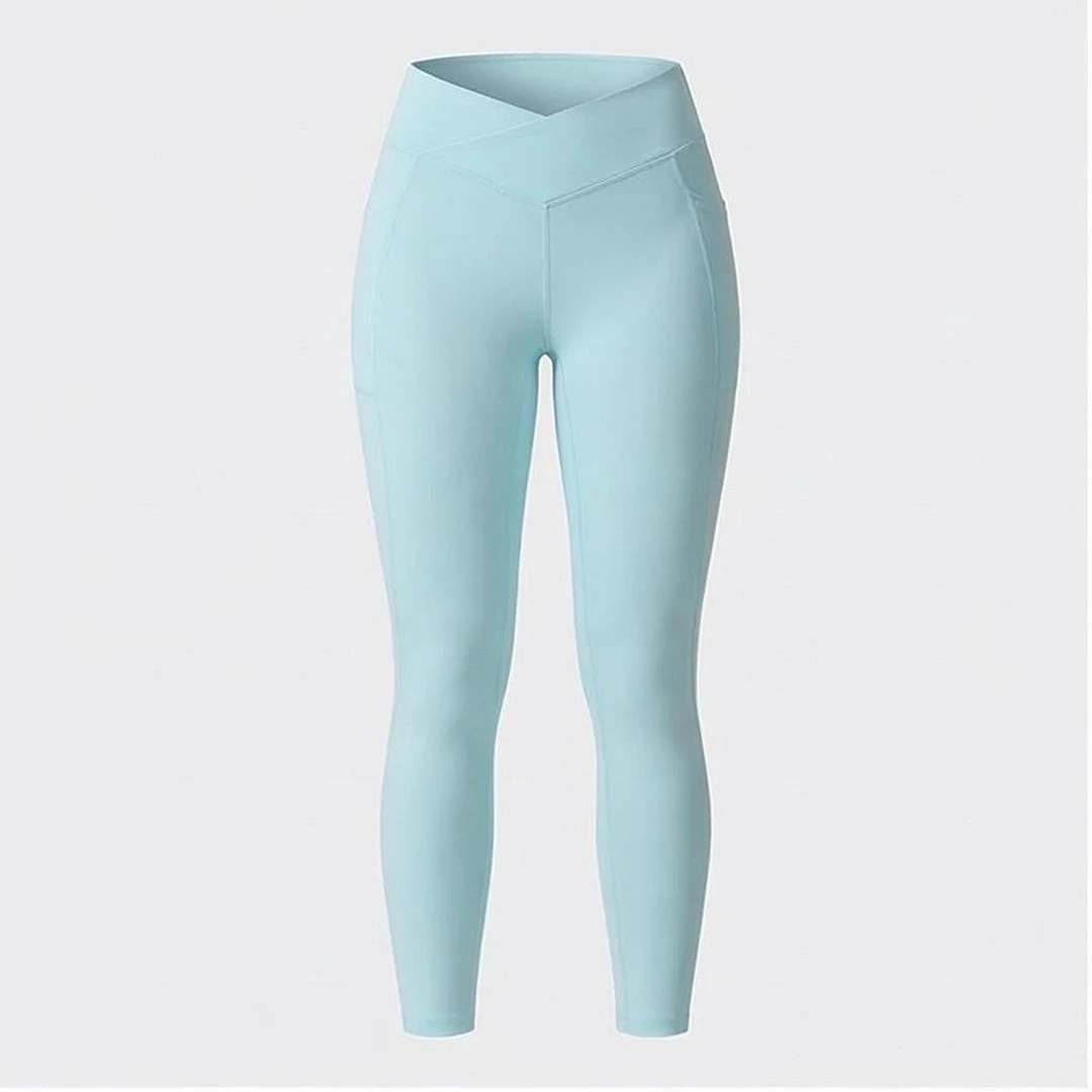 High Waist Full Length Seamless Yoga Leggings Solid Light Blue Four-Way Stretch Spandex Polyester Women's Sportswear