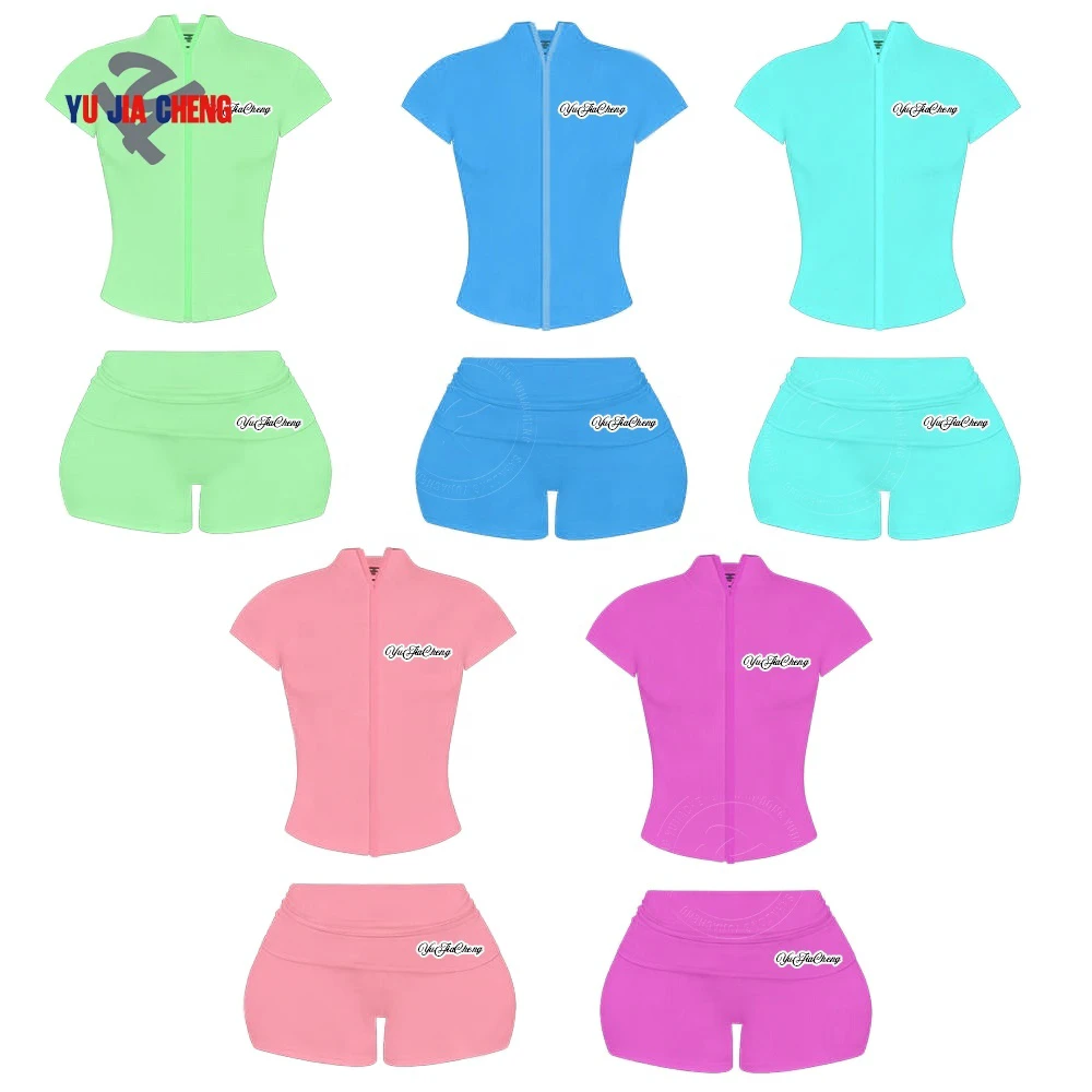 Summer Clothes for Women Activewear Yoga Zip up Top and Fold Over Shorts Custom Skinny Gym Workout Outfits 2 Piece Fitness Set