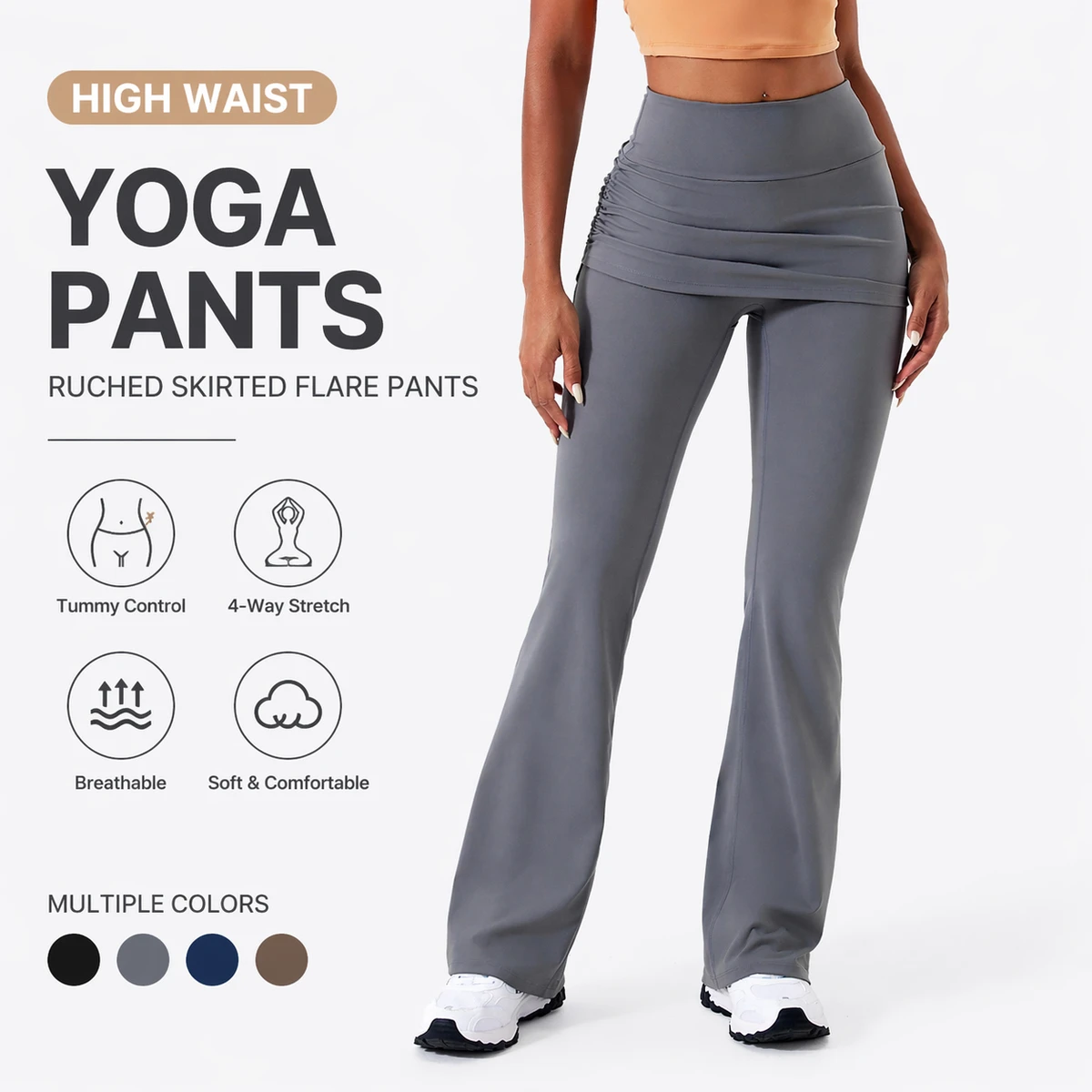 Women's High Waist Ruched Skirted Flare Yoga Pants Tummy Control 4-Way Stretch Bell Bottom Gym Leggings with Skirt Overlay
