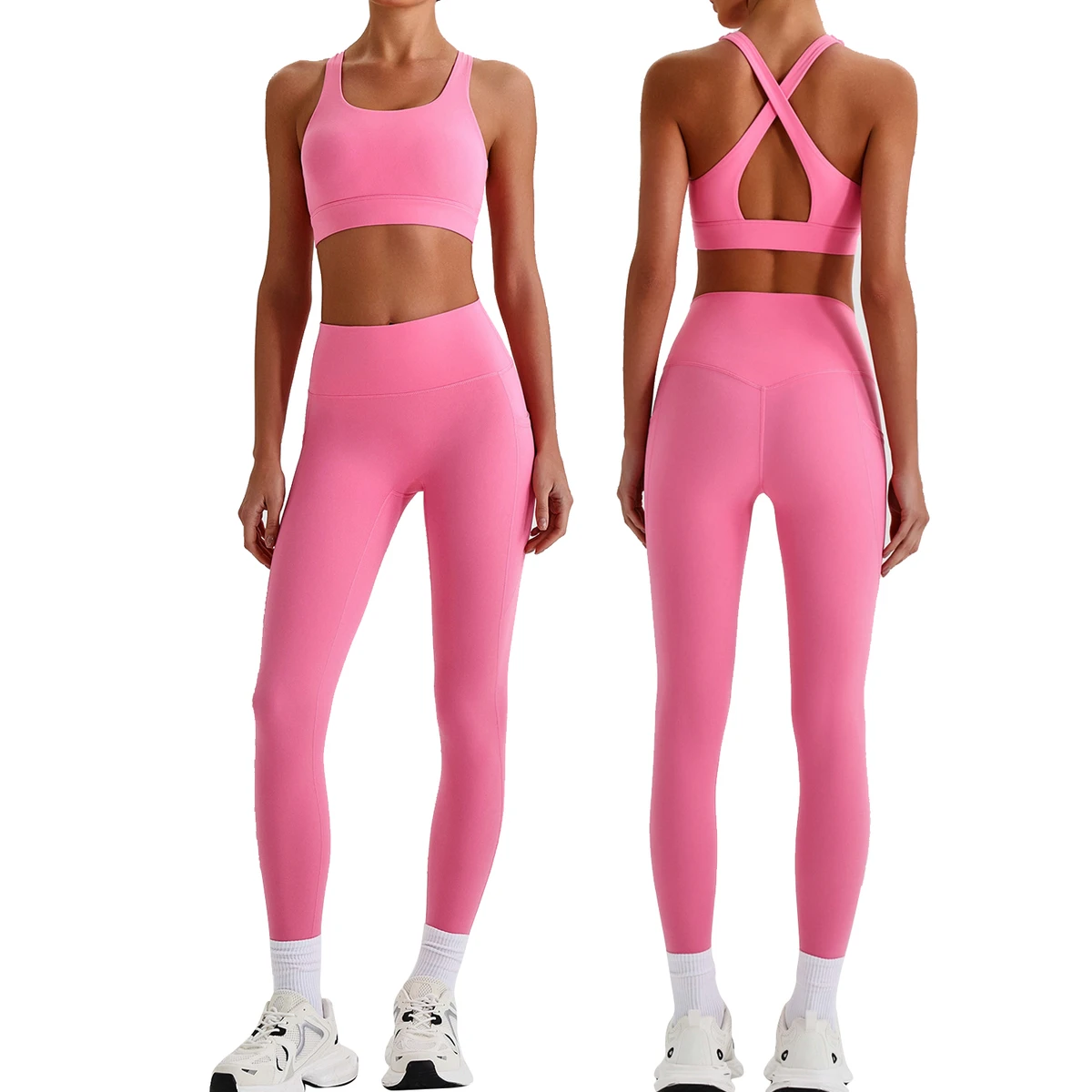 Sexy Cross Back Four-Way Stretch Sports Bra & High Waist Pocket Leggings Yoga Set for Women Fitness Wear