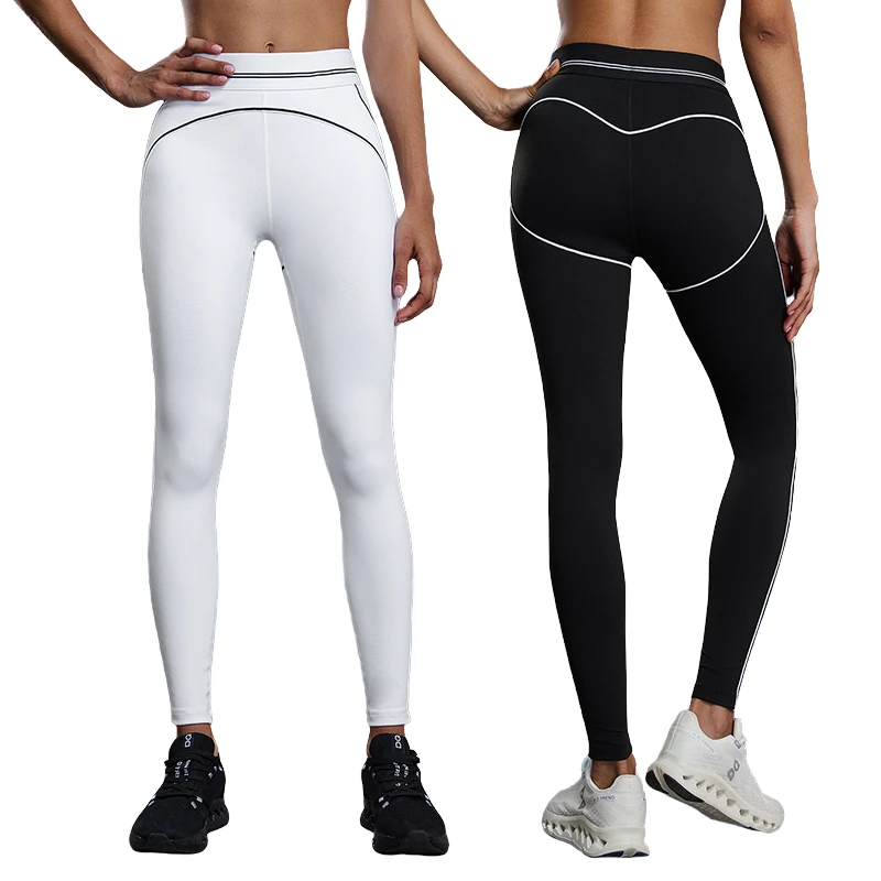 Women High Waist Yoga Leggings, Contrast Line Tummy Control Workout Pants, 4-Way Stretch Gym Tights for Running Fitness