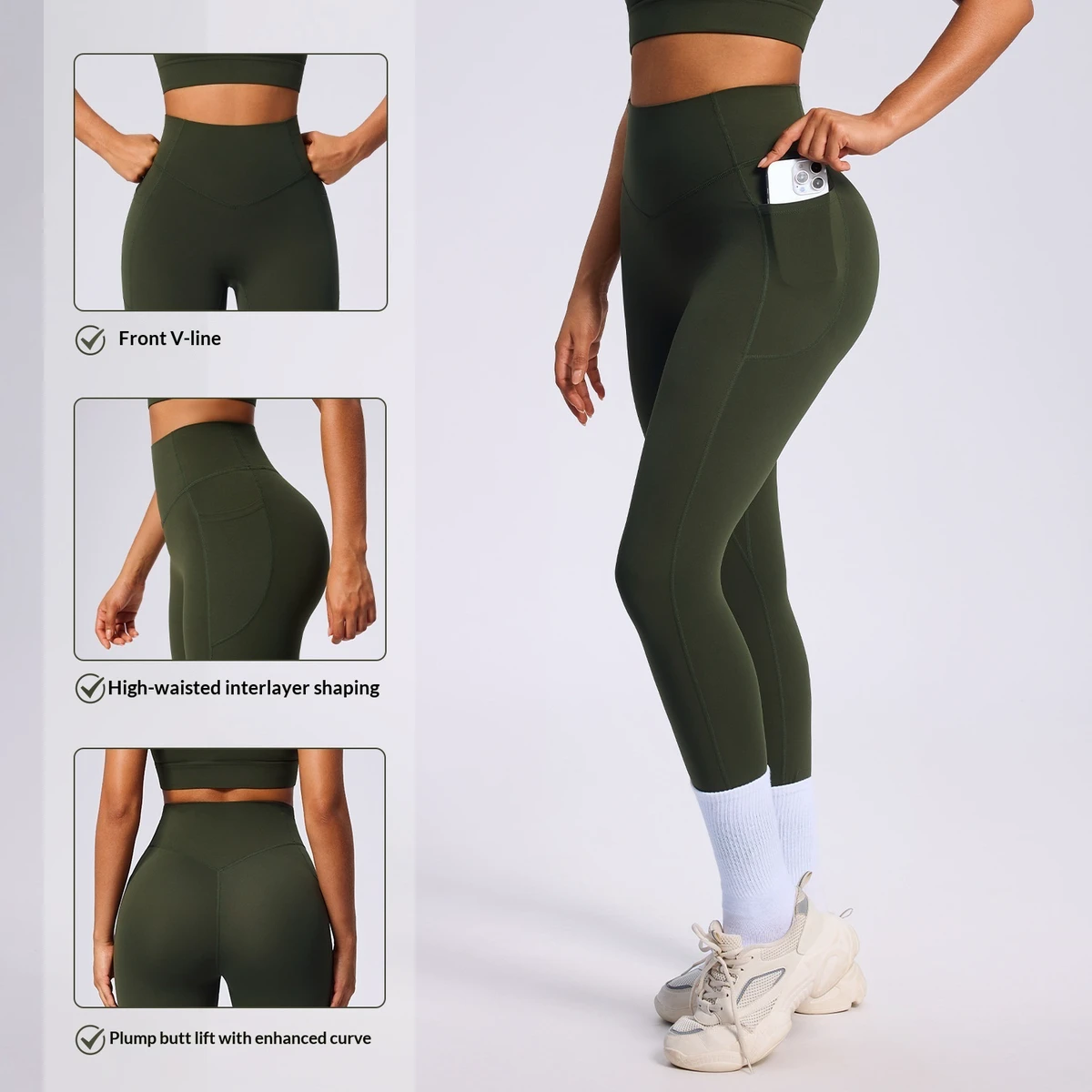 High-Waist Solid Full-Length Yoga Leggings Tummy Control Butt Lift Side Pocket Quick-Dry Wrinkle-Resistant Spandex/Nylon Fitness