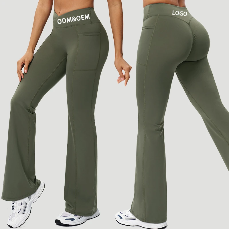 Custom Solid Nylon Spandex Workout Sports High Waist Quick Dry Butt Lifting Yoga Pants Pocket Gym Women's Flare Leggings