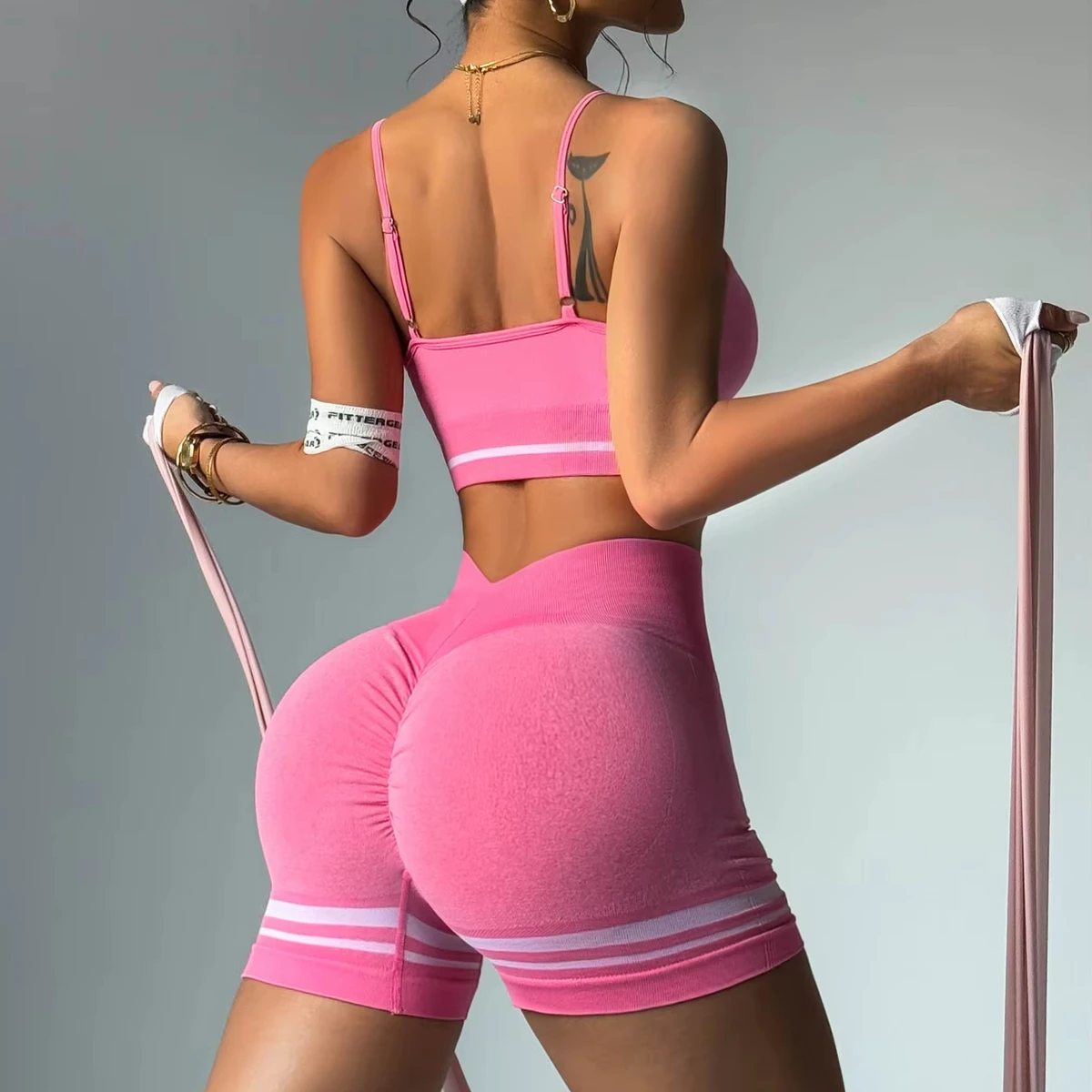 Striped Shorts Bra Yoga Set Women Seamless Knit Tights High Waist Hip Lifting Workout Running Slim Yoga Fitness Sportswear