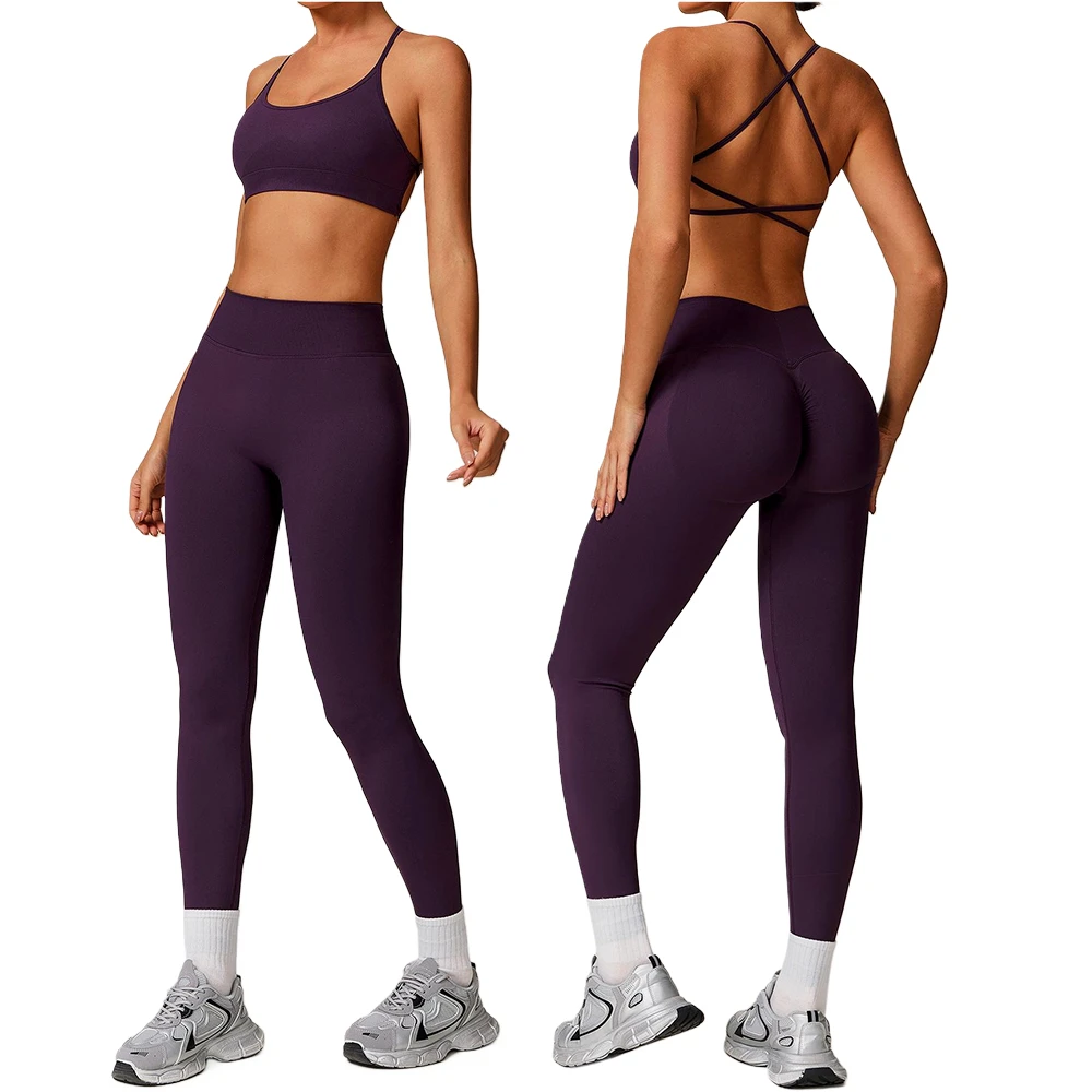 2 Piece Sportswear Women Sexy Backless Yoga Crop Top Sports Bra Compression Workout Butt Lift Leggings Gym Fitness Yoga Sets