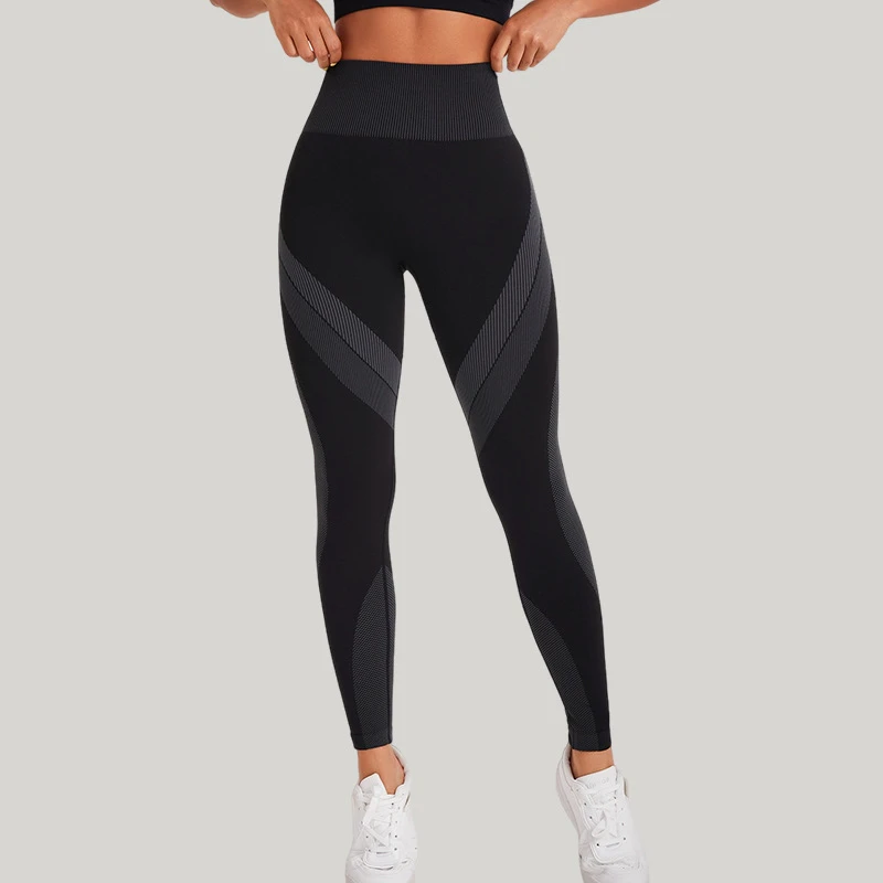 Women's High Waist Seamless Breathable Yoga Pants Long Black Striped Sports Leggings with Contrast Tight Hip Fitness Wear