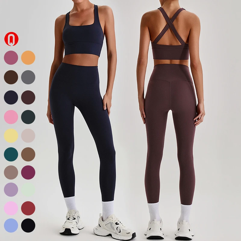New Cross Back Sports Bra High Waist Pants Women Butt Lifting Leggings Breathable Gym Fitness Workout Yoga Wear 2 Piece Yoga Set