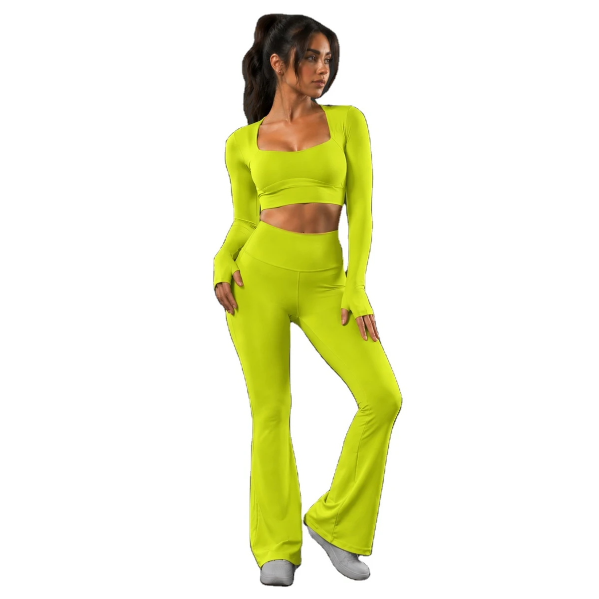 Women's Solid Flare Yoga Set High Waist Elastic Waist Stretch Leggings Long Sleeve Crop Top Quick Dry Breathable Fitness