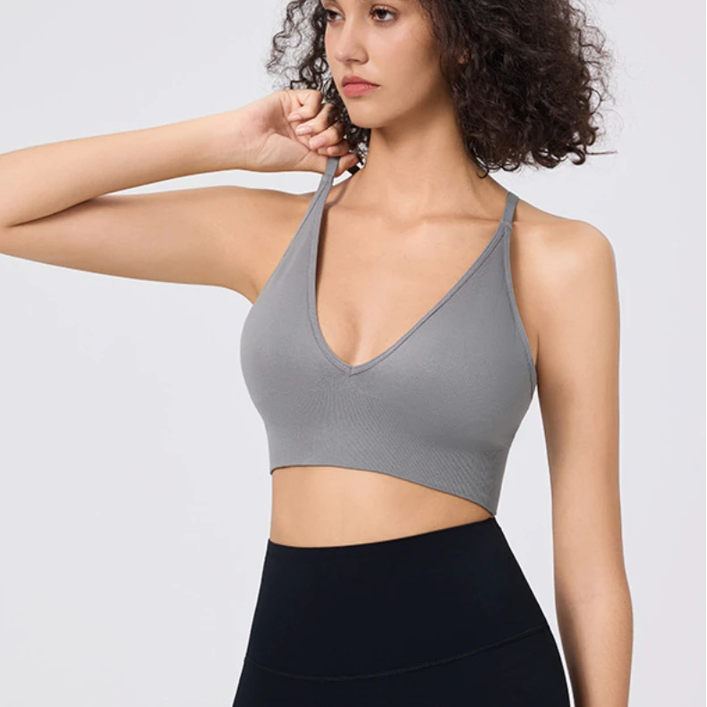 FF4743 Wireless Spaghetti Strap Cross Padded Bra Workout Yoga Crop Top Adjustable Deep V Neck Women's Sports Bras