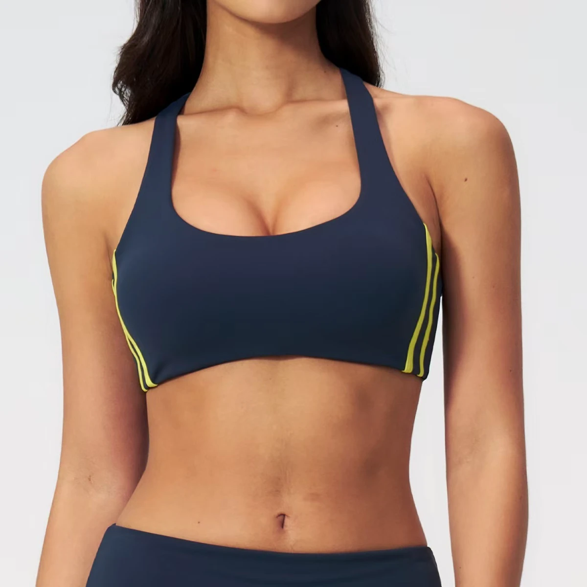 High Support Racerback Sports Bra, Nude Feel High Elastic Shockproof Yoga Top with Contrast Stripes