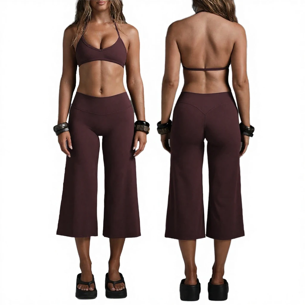 Cross-border Lightweight Halter Neck Strap Bra Solid Spandex/Nylon Quick-dry Running Cropped Wide-leg Yoga Pants Sports Fitness