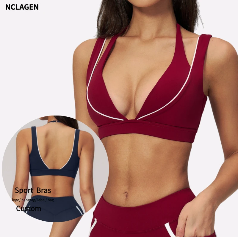 New Arrival Naked Feel Color Blocked Backless Sports Bra for Women Removable Pads High Support Yoga Bra for Workout Fitness Top