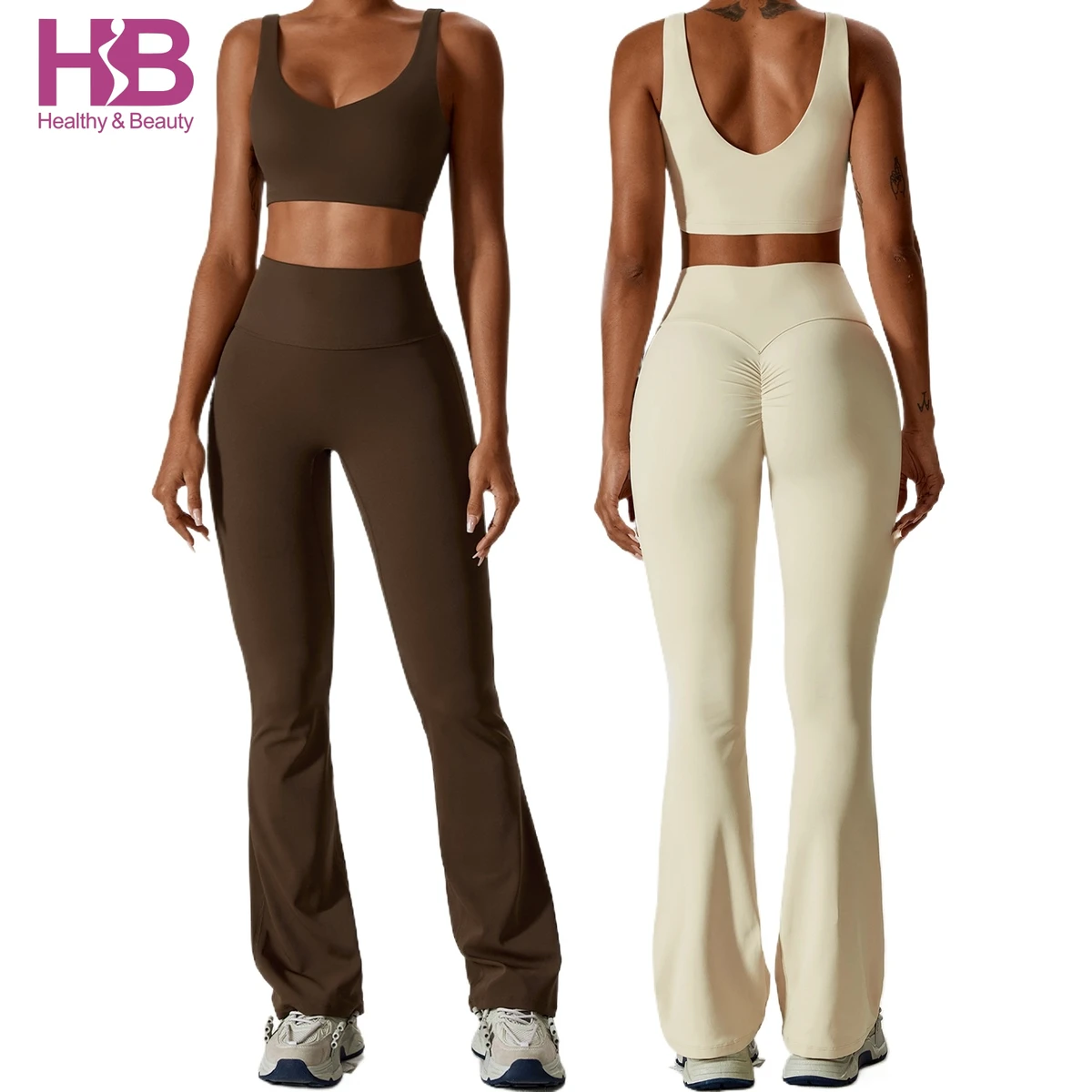 HB Solid Breathable 2 Piece V Shaped Backless Active Wear Women's Gym Yoga Sport Leggings Set