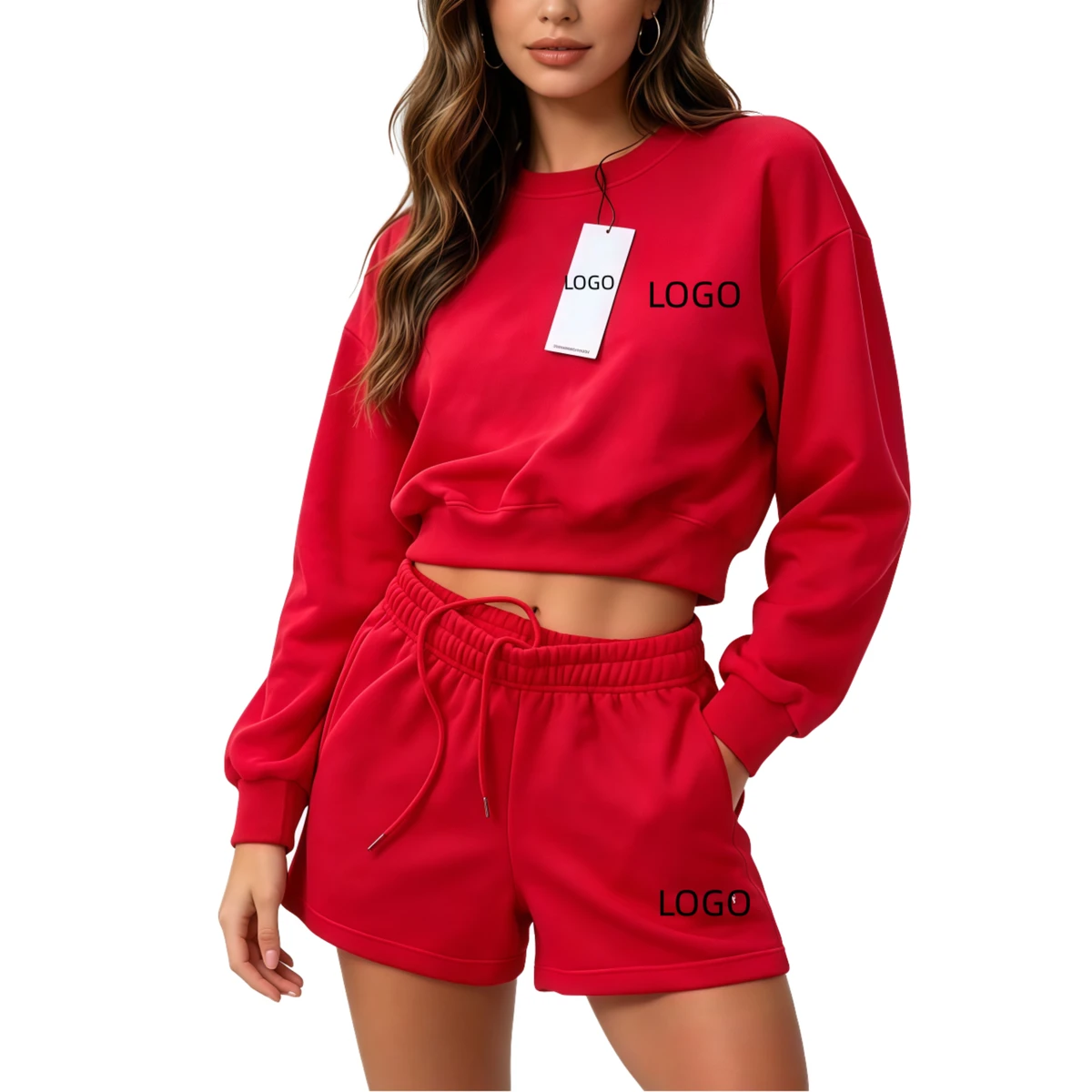 New Design Front Logo Active Stretch Women's Solid High Waist Short Breathable Neck Long Sleeve Fitness Yoga Exercise Set