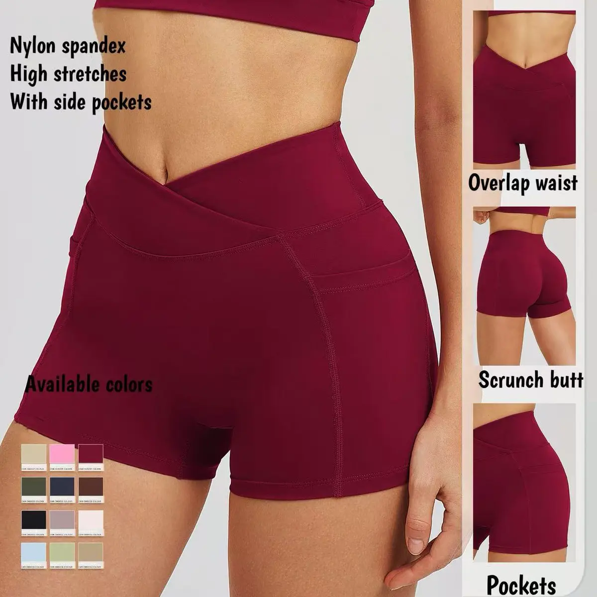 Women's Sports Yoga Shorts Side Pockets Spandex/Nylon Breathable V Shape Overlap High Waist Scrunch Butt Four-Way Stretch