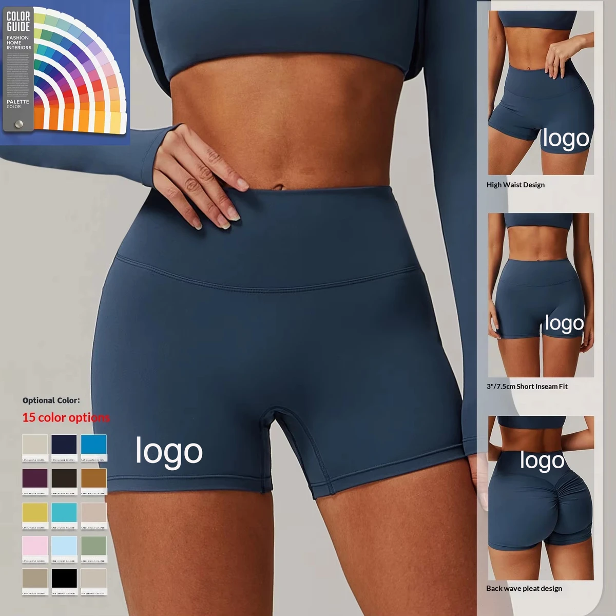 Brushed High-Waist Solid Yoga Shorts Tummy-Control Peach-Lift Running Fitness Tight-Fit Workout Shorts Spandex/Nylon