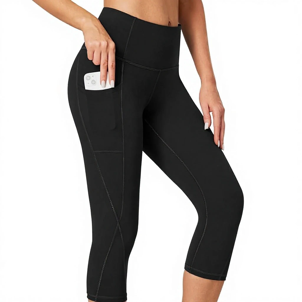 Healthyoga Solid High Waisted Capri Leggings for Women with Pockets Tummy Control Wrinkle-Resistant Yoga Pants