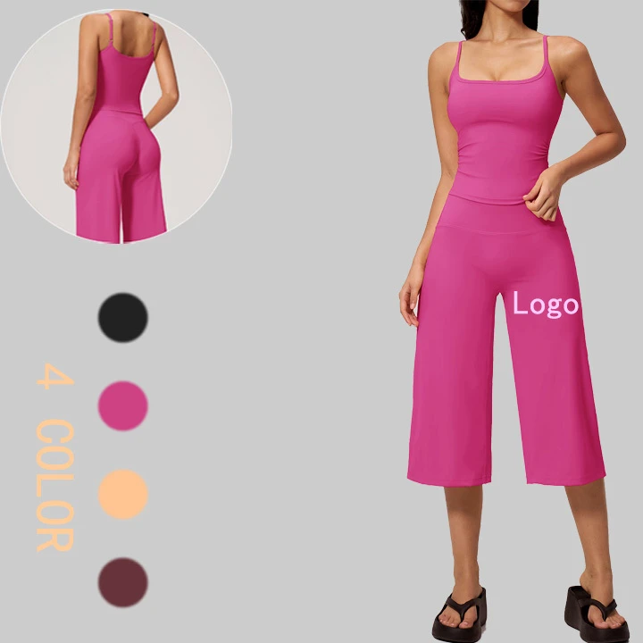 Square Neck Backless Workout Set Removable Padded Sleeveless Crop Top Wide Leg Sports Set 2 Piece Yoga Set for Woman