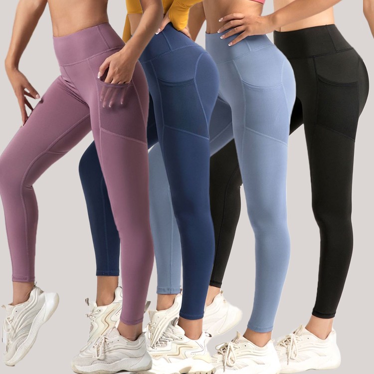 High Waist Seamless Leggings With Pockets Stretch Breathable Full Length Sporty Solid Color Women's Workout Pants