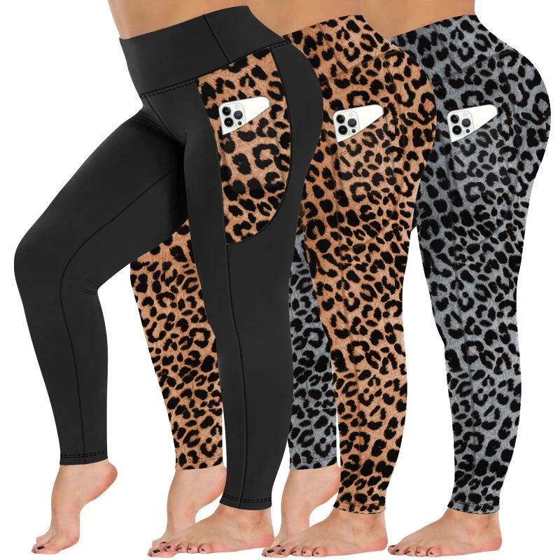 Plus Size Women's High-Waist Yoga Pants Sexy Leopard Print Sweat-Wicking Sport Tight Leggings with Pockets Soft Buttery Leggings