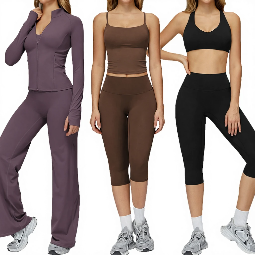 Women Plus Size Solid Yoga Wear 5-Piece Fitness Sets with Zippers Front Long Sleeves Flared Leggings Quick Dry Spandex/Nylon