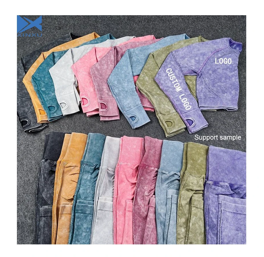 XINXU New Yoga Wear Sport Set Acid Wash Long Sleeve Crop Top Seamless Lift Hip Leggings Two Piece Set Women Gym