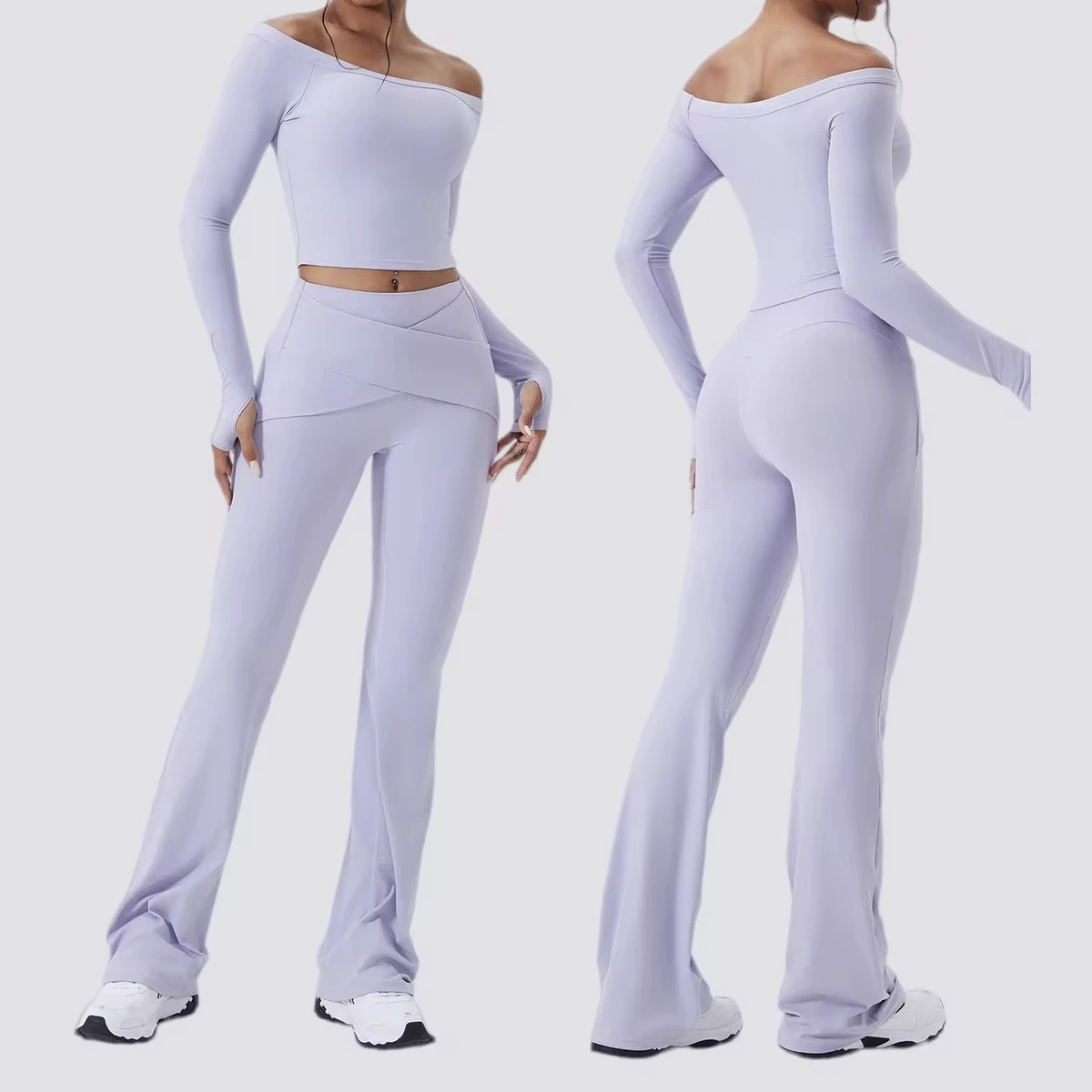 Custom Women Flare Yoga Pants Set Cross Waist Off Shoulder Crop Top Thumbhole Long Sleeve 2 Piece Workout Activewear Gym Clothes
